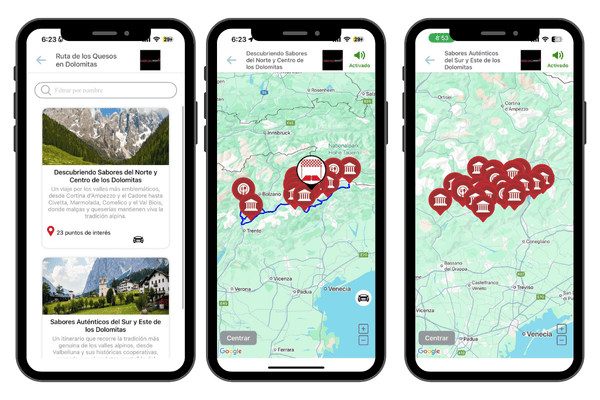 Mapa con audioguía para un road trip por las queserías tradicionales en los Dolomitas, Italia