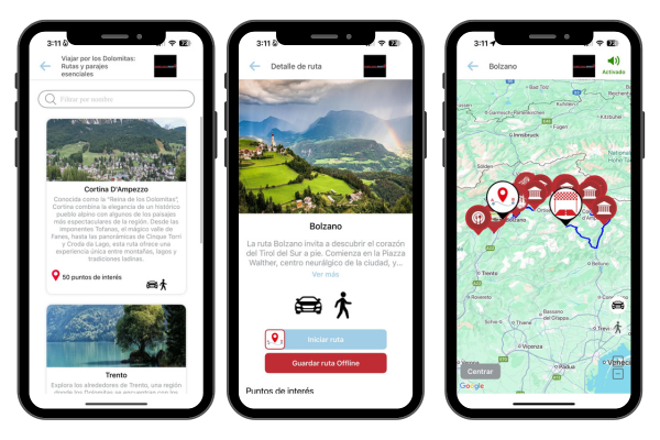 Mapa interactivo con audioguías de road trips por los Dolomitas en Italia