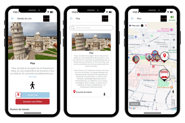 Mapa turístico de Pisa, Italia, con la Torre Inclinada, la Piazza dei Miracoli, la catedral, museos y lugares de interés para los visitantes