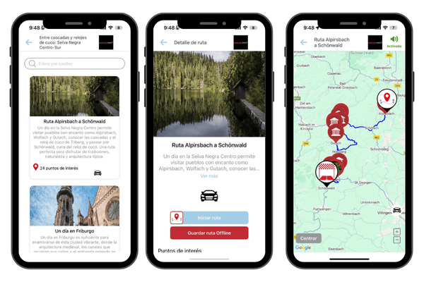 Mapa turístico de la ruta de Alpirsbach a Schönwald en la Selva Negra, con senderos entre bosques, pueblos tradicionales, monasterios y puntos de interés para los visitantes