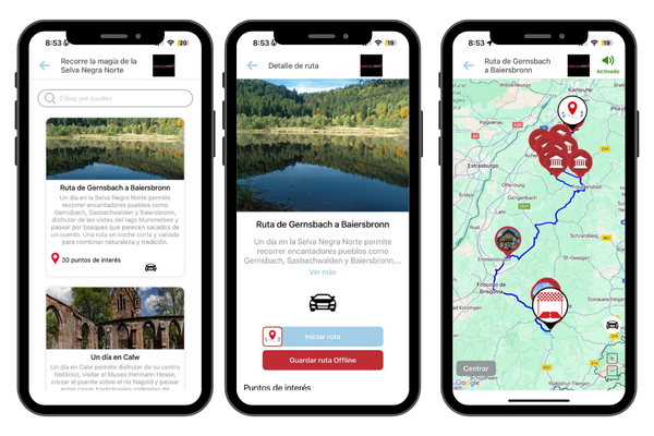 Mapa turístico de la ruta de Gernsbach a Baiersbronn en la Selva Negra, con senderos panorámicos, pueblos pintorescos, bosques y lugares de interés para los visitantes