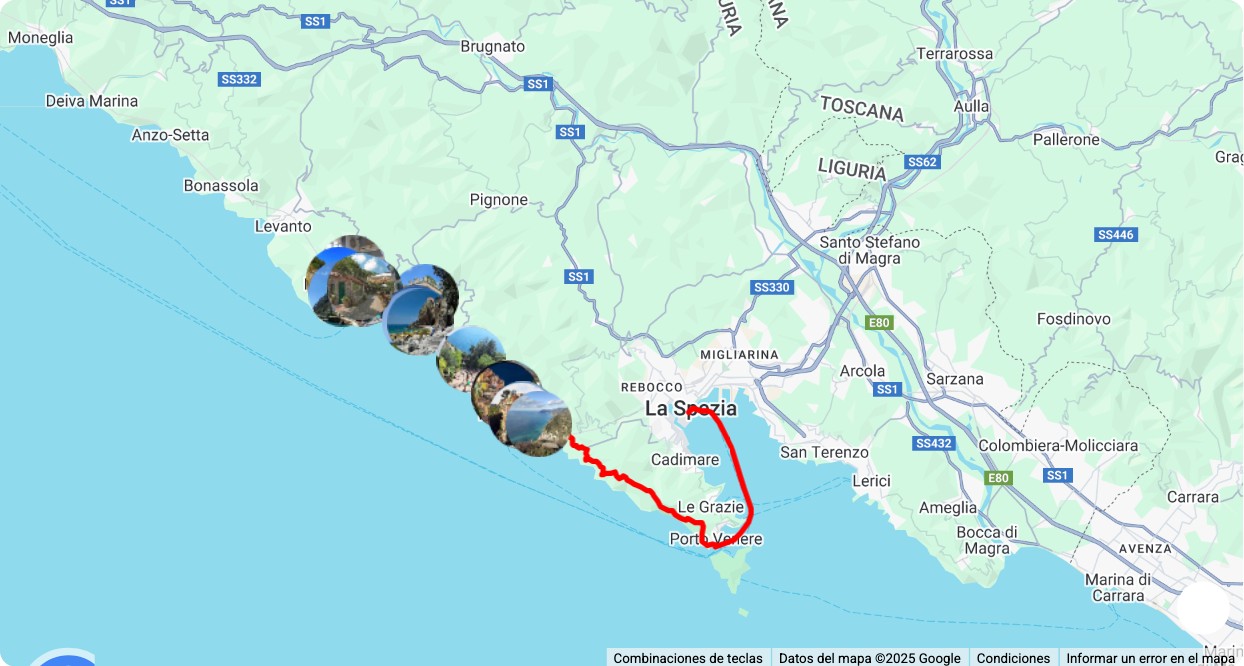 Mapa turístico con los principales puntos de interés de Cinque Terre: museos, monumentos, rutas y atracciones destacadas.