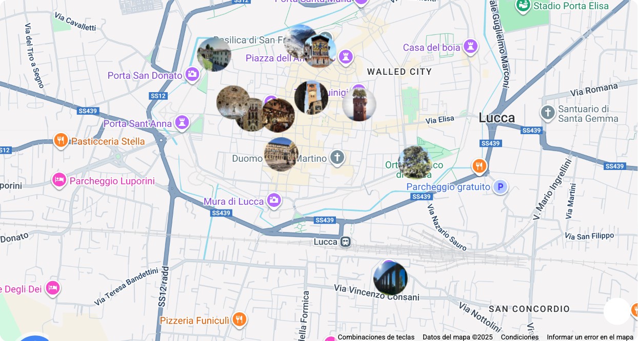 Mapa turístico con los principales puntos de interés de Lucca: museos, monumentos, rutas y atracciones destacadas.