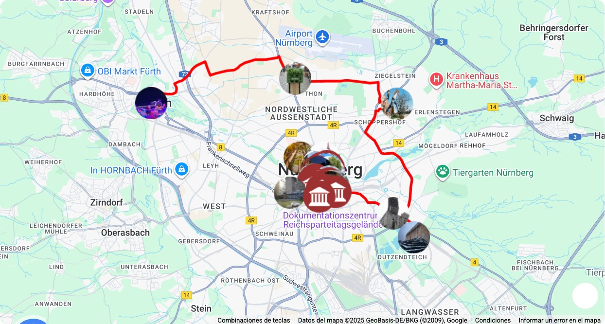 Mapa turístico con los principales puntos de interés de Mapa Turistico Un día en Núremberg: museos, monumentos, rutas y atracciones destacadas.
