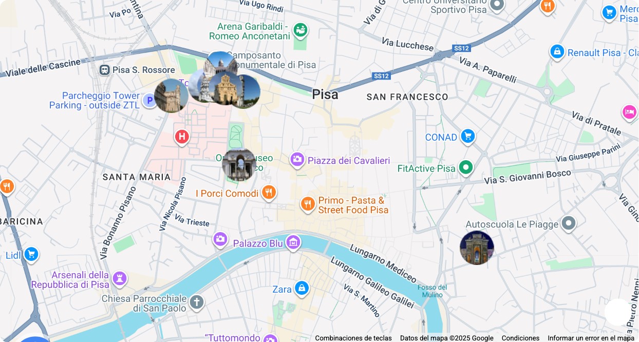 Mapa turístico con los principales puntos de interés de Pisa: museos, monumentos, rutas y atracciones destacadas.