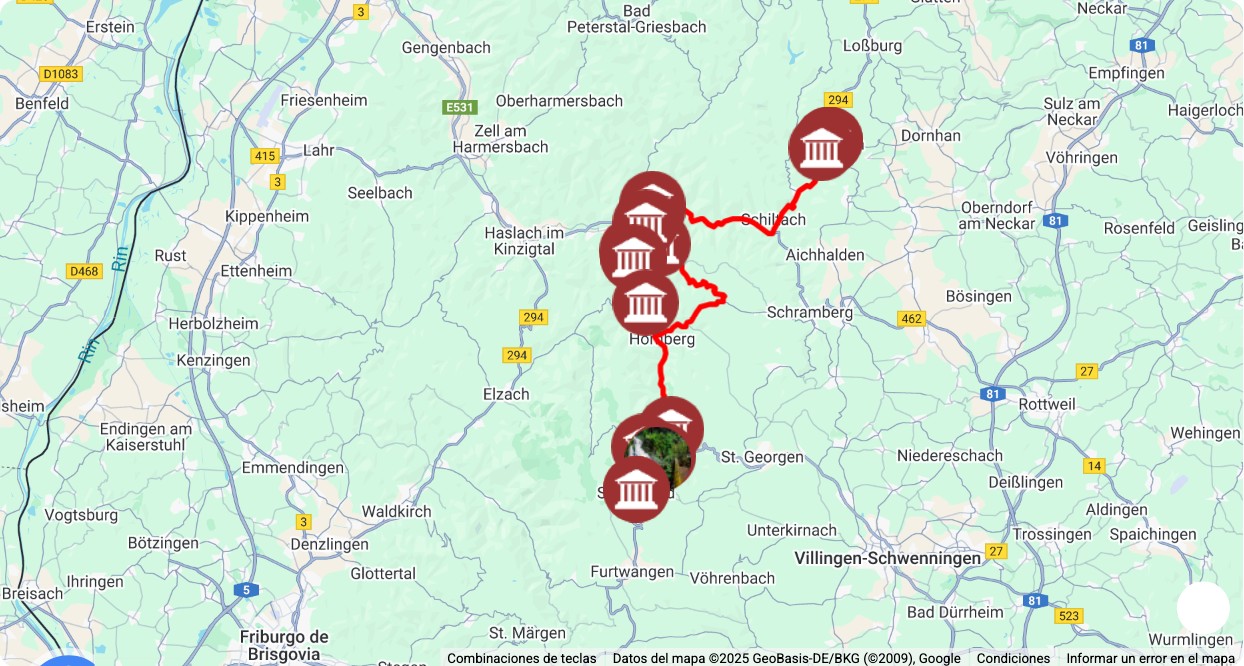 Mapa turístico con los principales puntos de interés de Ruta Alpirsbach a Schönwald: museos, monumentos, rutas y atracciones destacadas.