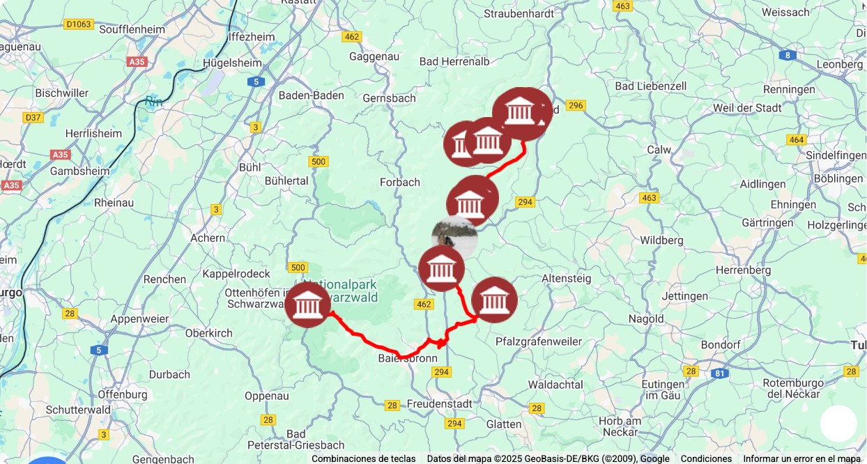 Mapa turístico con los principales puntos de interés de Ruta Bad Wilbad a Seewald: museos, monumentos, rutas y atracciones destacadas.