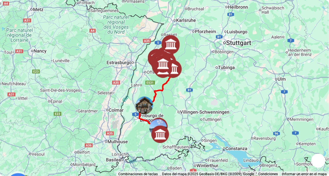 Mapa turístico con los principales puntos de interés de Ruta de Gernsbach a Baiersbronn: museos, monumentos, rutas y atracciones destacadas.