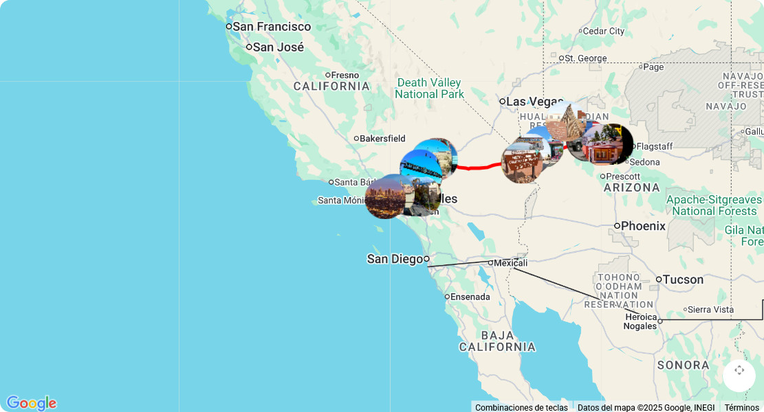 Mapa turístico con los principales puntos de interés de Ruta Los Ángeles - Williams: museos, monumentos, rutas y atracciones destacadas.