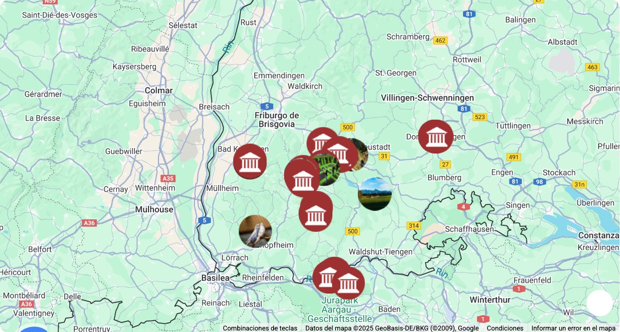 Mapa turístico con los principales puntos de interés de Ruta Staufen a Donaueschingen: museos, monumentos, rutas y atracciones destacadas.