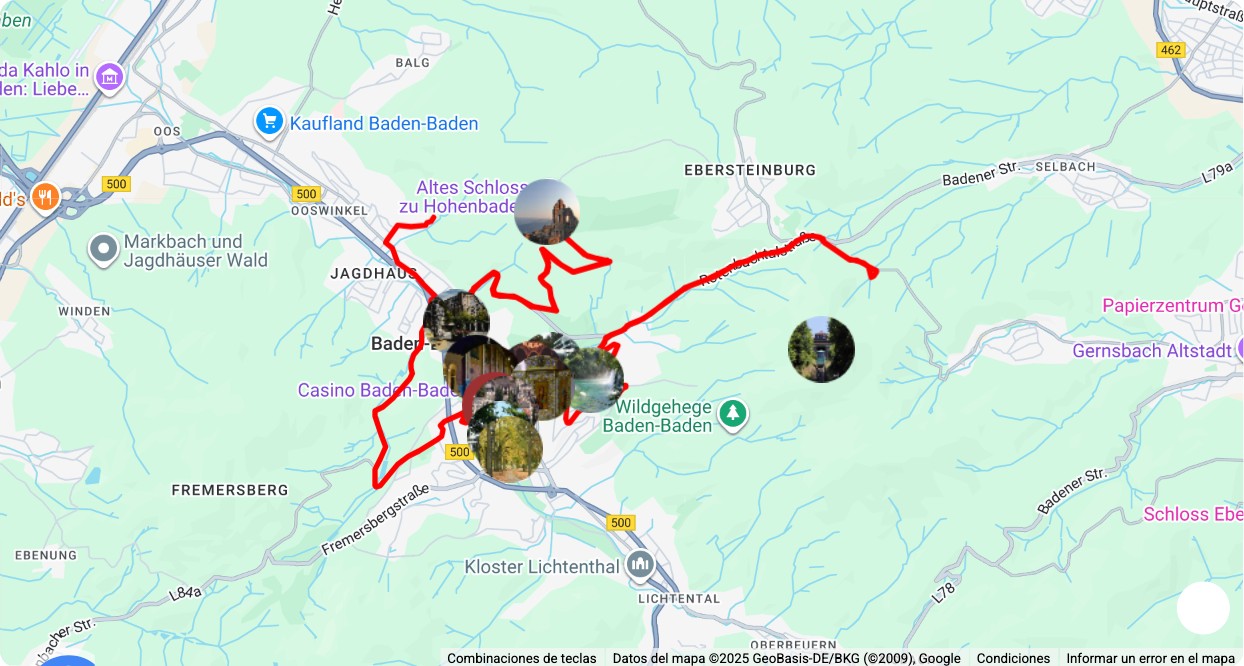 Mapa turístico con los principales puntos de interés de Un día en Baden-Baden: museos, monumentos, rutas y atracciones destacadas.