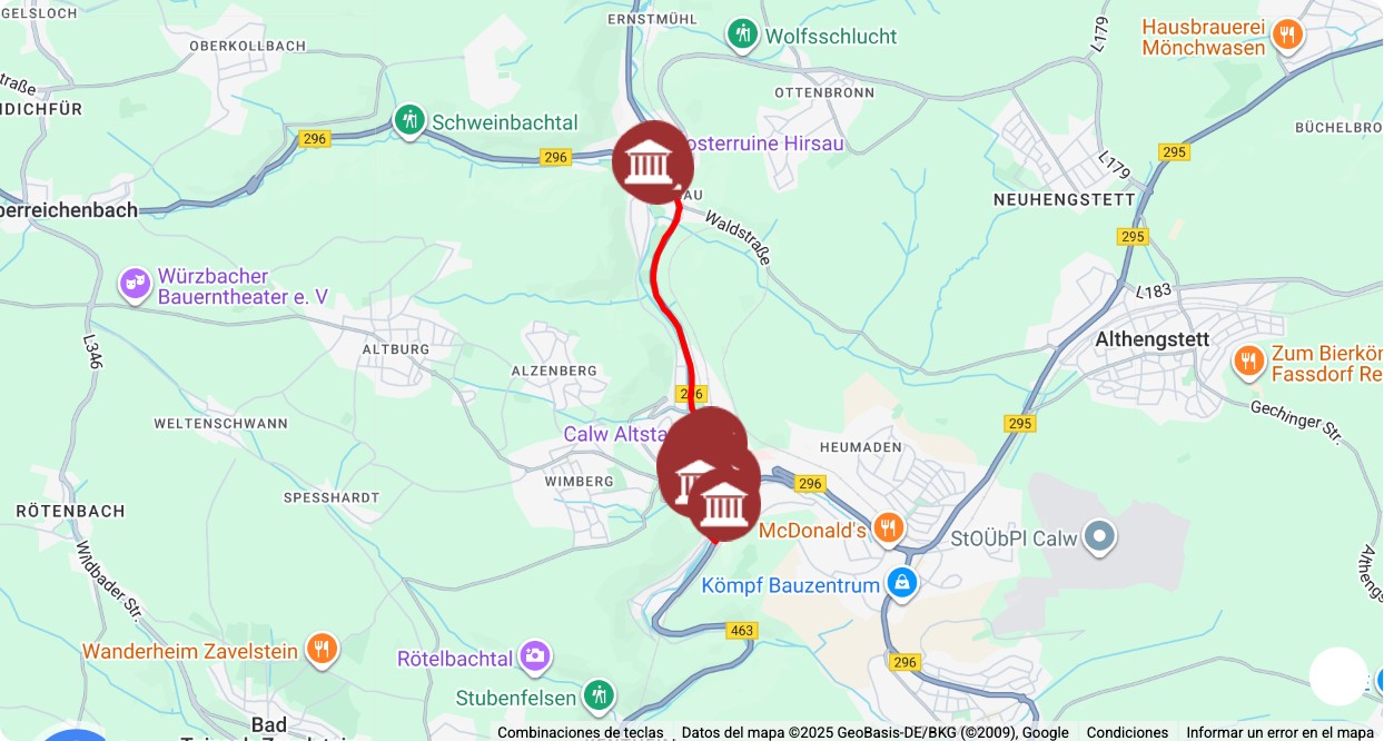 Mapa turístico con los principales puntos de interés de Un día en Calw: museos, monumentos, rutas y atracciones destacadas.