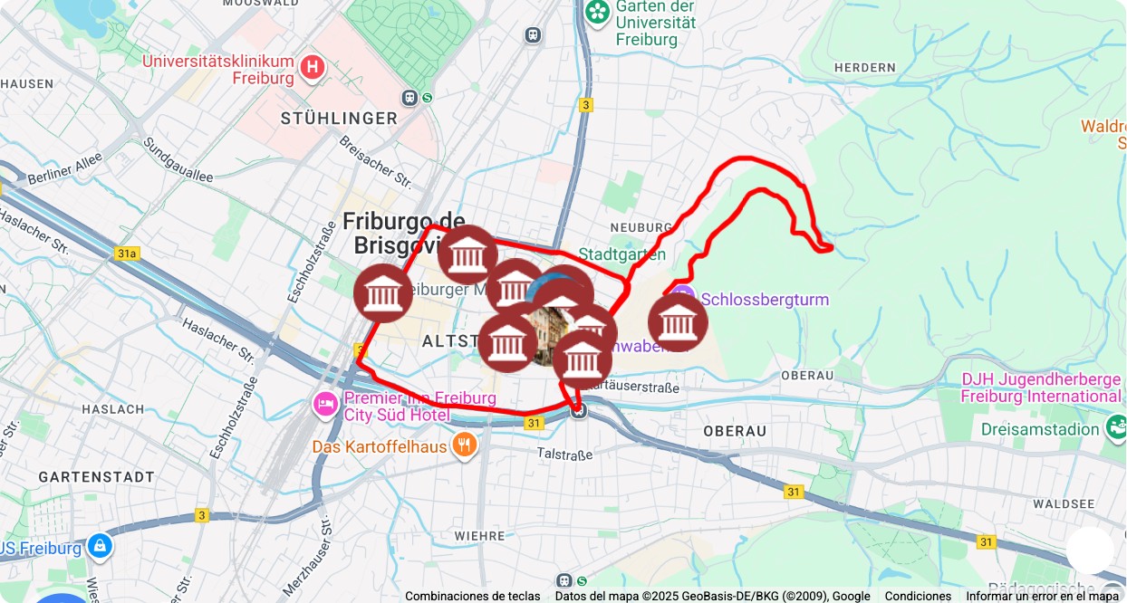 Mapa turístico con los principales puntos de interés de Un día en Friburgo: museos, monumentos, rutas y atracciones destacadas.