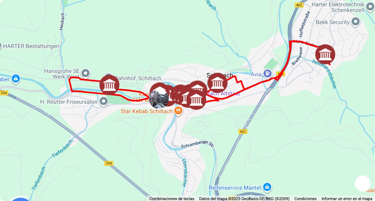 Mapa turístico con los principales puntos de interés de Un día en Schiltach: museos, monumentos, rutas y atracciones destacadas.