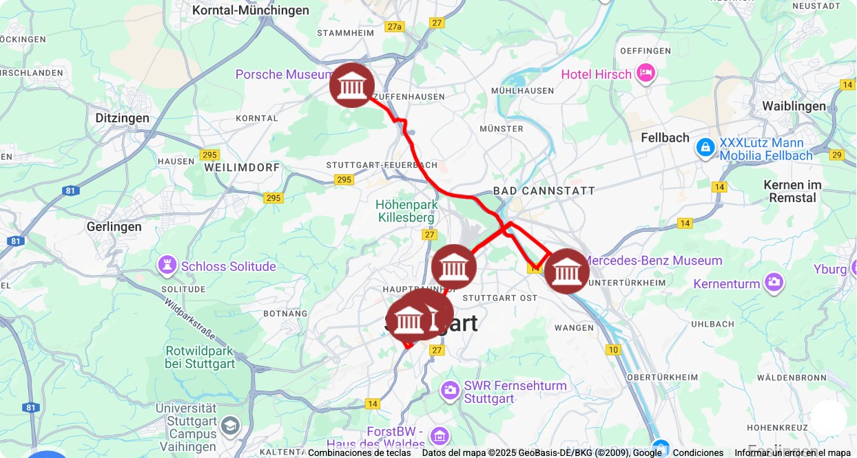 Mapa turístico con los principales puntos de interés de Un día en Stuttgart: museos, monumentos, rutas y atracciones destacadas.