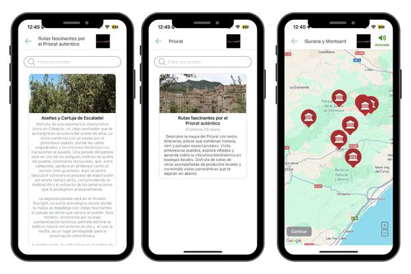 Mapa interactivo del Priorat con las rutas y puntos de interés incluidos en la Audioguía Priorat, mostrando pueblos, bodegas, paisajes naturales y lugares históricos de la región catalana.