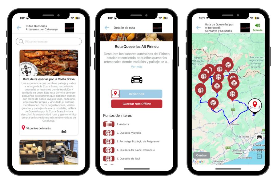 Mapa interactivo de la Audioguía de Queserías Artesanas por la Costa Brava, con paradas en productores locales, pueblos rurales y paisajes mediterráneos donde descubrir los mejores quesos artesanales de Catalunya.