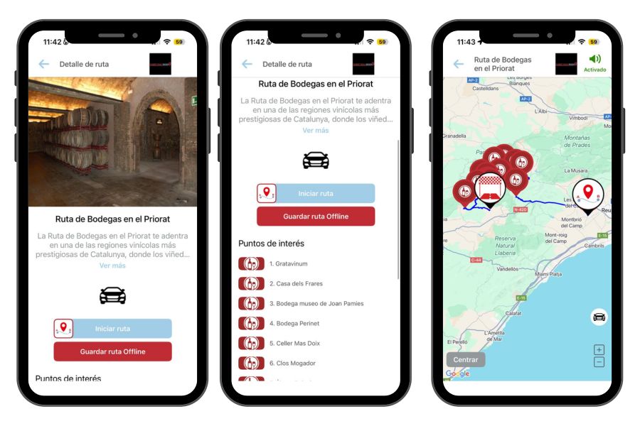 Mapa turístico del Priorat que muestra bodegas, viñedos y paisajes de terrazas de pizarra (llicorella), famosos por sus vinos tintos con Denominación de Origen Calificada.