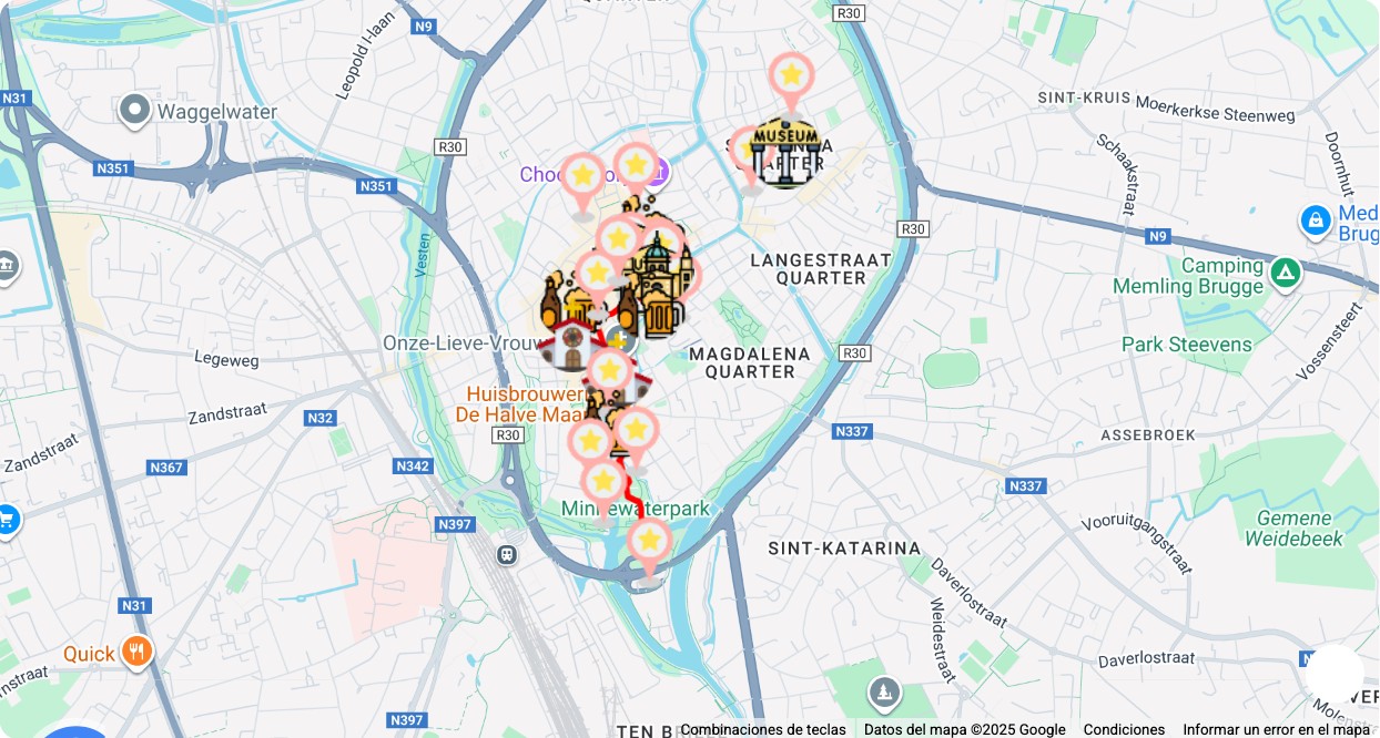 Mapa turístico con los principales puntos de interés de Brujas: La Ciudad de los Canales y el Encanto Medieval: museos, monumentos, rutas y atracciones destacadas.