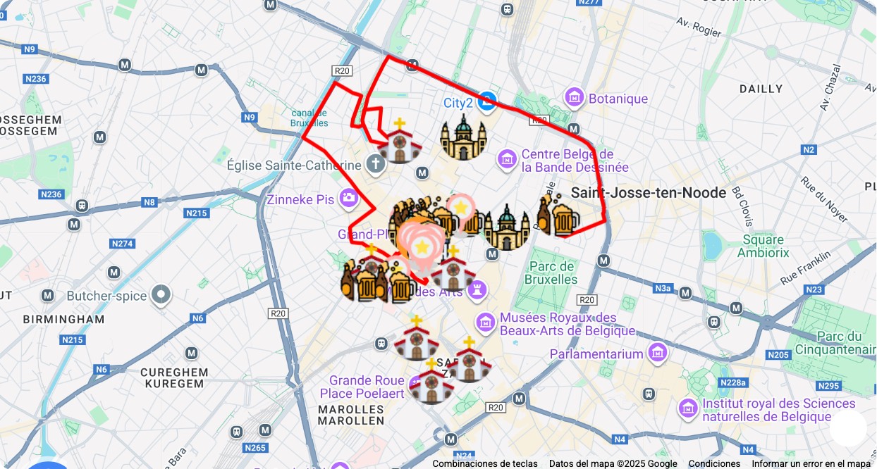 Mapa turístico con los principales puntos de interés de Bruselas: Historia, Arte y Cerveza en un Solo Recorrido: museos, monumentos, rutas y atracciones destacadas.
