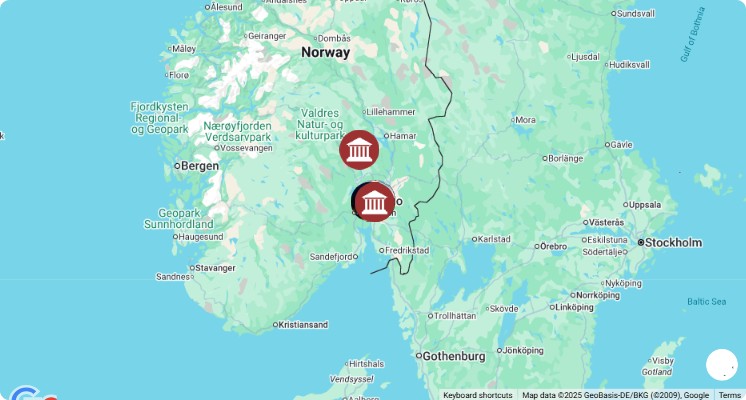 Mapa turístico con los principales puntos de interés de Oslo, Noruega: museos, monumentos, rutas y atracciones destacadas.