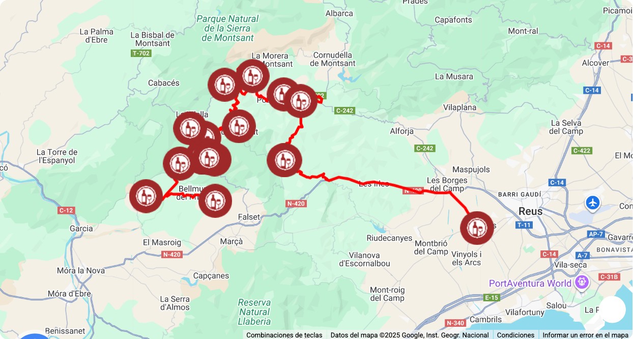 Mapa turístico con los principales puntos de interés de Ruta de Bodegas en el Priorat: museos, monumentos, rutas y atracciones destacadas.