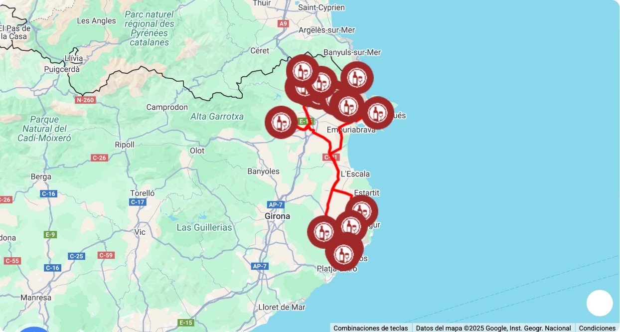 Mapa turístico con los principales puntos de interés de Ruta de Vinos del Empordà: museos, monumentos, rutas y atracciones destacadas.