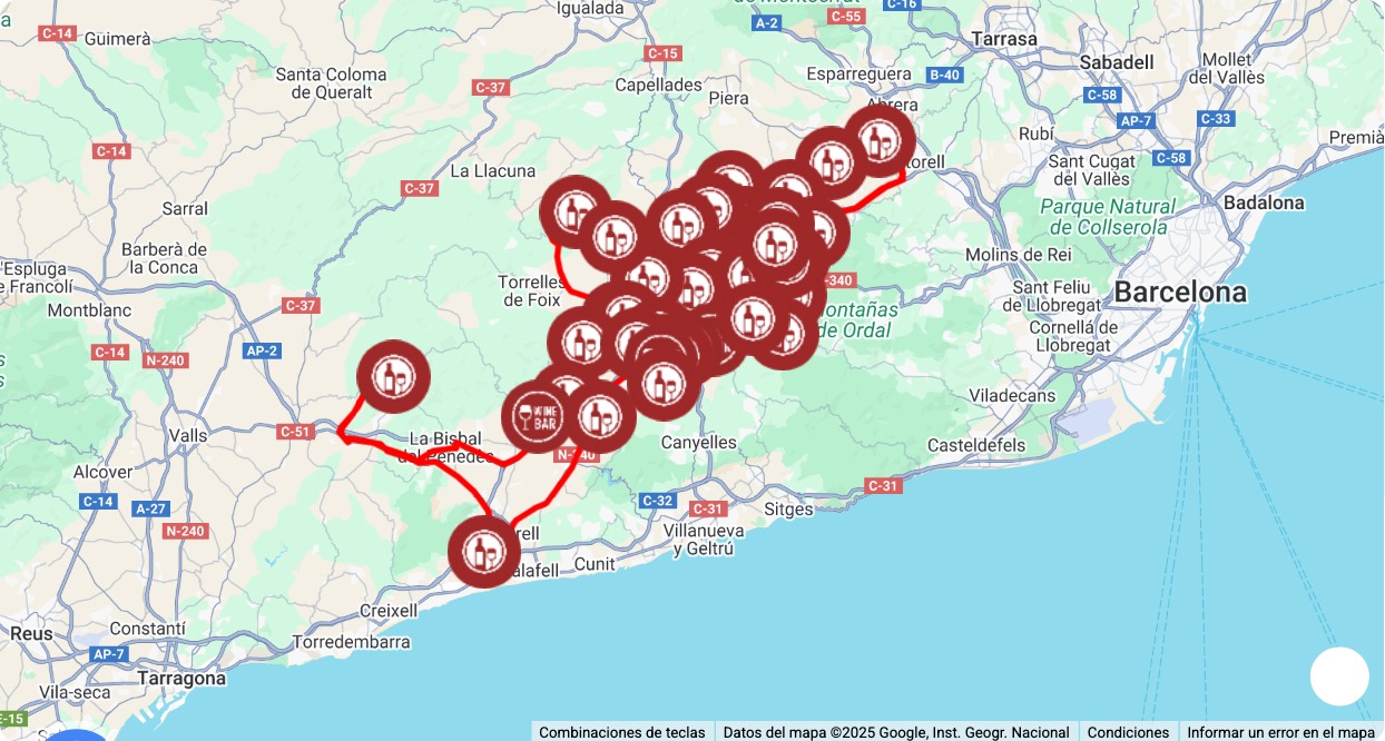 Mapa turístico con los principales puntos de interés de Ruta de Vinos del Penedès: museos, monumentos, rutas y atracciones destacadas.