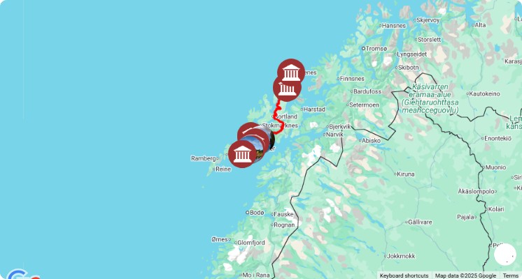 Mapa turístico con los principales puntos de interés de Ruta Islas Lofoten- Svolvaer - Henningsvaer: museos, monumentos, rutas y atracciones destacadas.