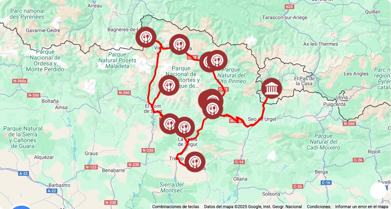 Mapa turístico con los principales puntos de interés de Ruta Queserías Alt Pirineu: museos, monumentos, rutas y atracciones destacadas.