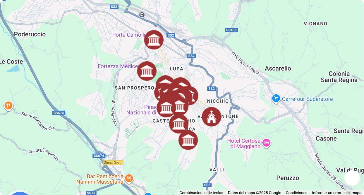 Mapa turístico con los principales puntos de interés de Siena: museos, monumentos, rutas y atracciones destacadas.